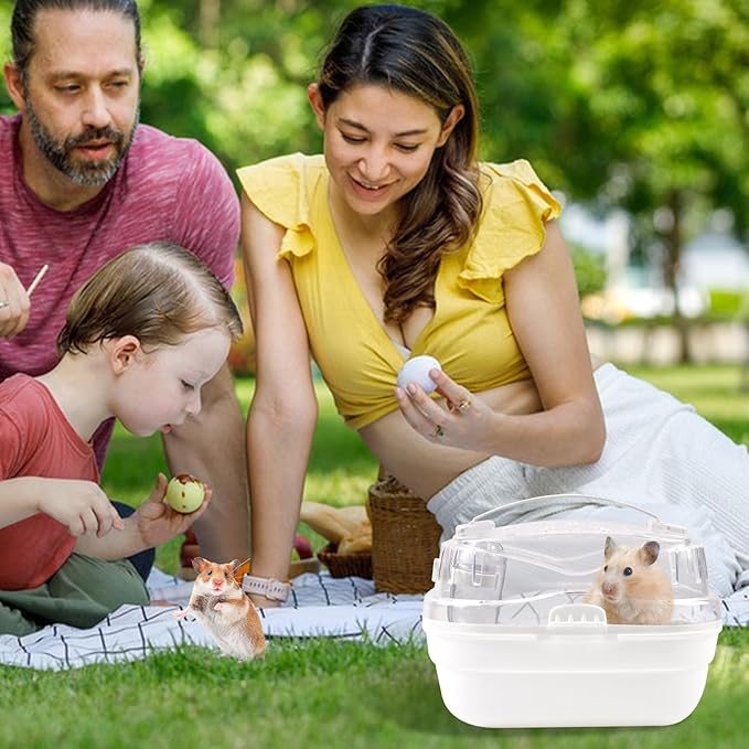 Hamster Carrier Cage with Water Bottle,Portable Hamsters Travel Cage Plastic Guinea Pig Carrying Cases Small Animal Carry Cage for Dwarf Hamsters Chinchillas Hedgehog Mouse(White)