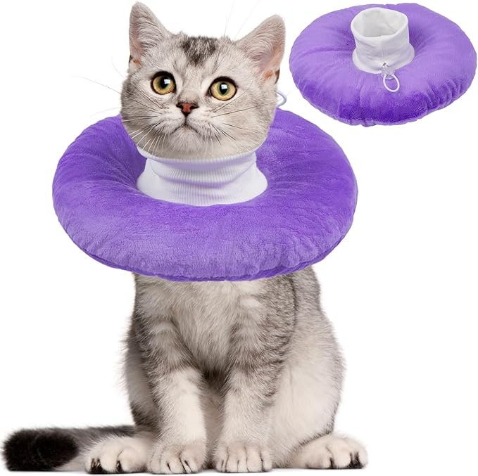 Lightweight Soft Cat Cone After Surgery, Adjustable Donut Collar with Drawstring Buckle, Scratch Resistant, Machine Washable, Suitable for Head/Foot Wounds Recovery, Purple Large