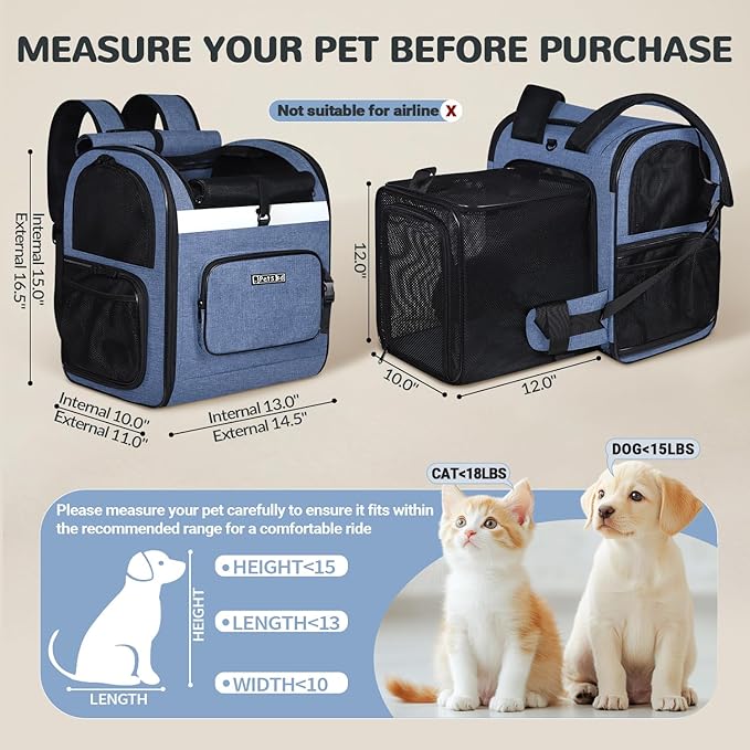 Petskd Expandable Pet Backpack Carrier 16.5x14.5x11 Inches for Small Dogs and Medium Cats,Portable Dog Cat Backpack Carrier for Hiking,Vet,Travel(Blue)