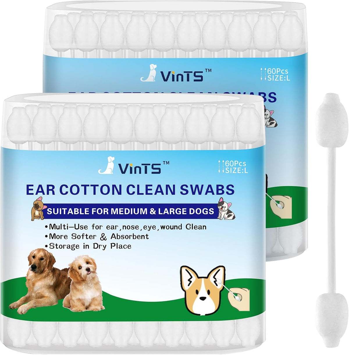 VinTS 60 PCS Cotton Dog Ear Cleaning Swabs, Pet’s Ear Infection Treatment Gourd-Shaped Swabs Prevent Accidental Injuries, Safer Cleaning for Dogs and Cats– Large Size.100% Cotton