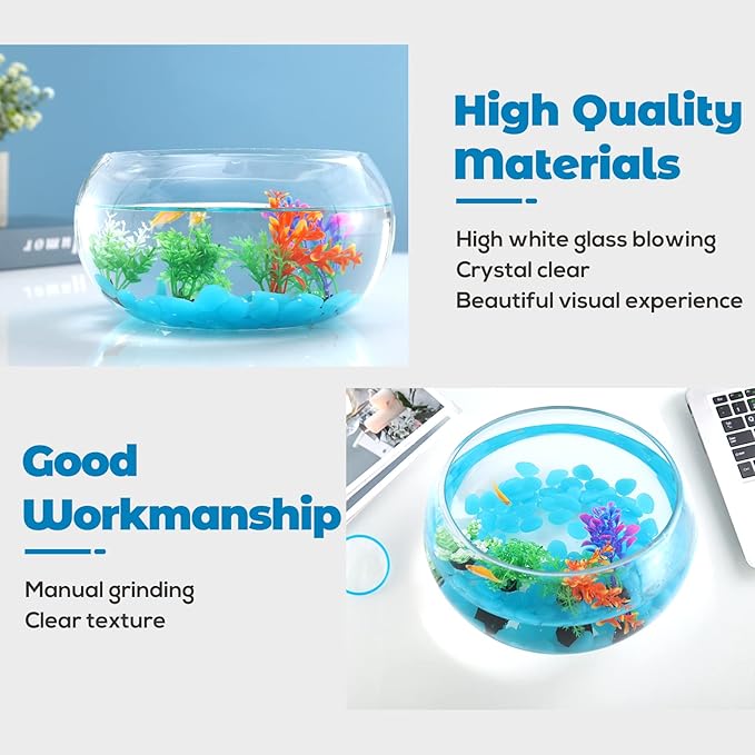1 Gallon Glass Fish Bowl with Decor, Include Fluorescent Rocks & Colorful Plastic Trees, High White Glass for Clear View, Small Fish Bowl/Aquarium for Betta/Goldfish, Nice Home Décor