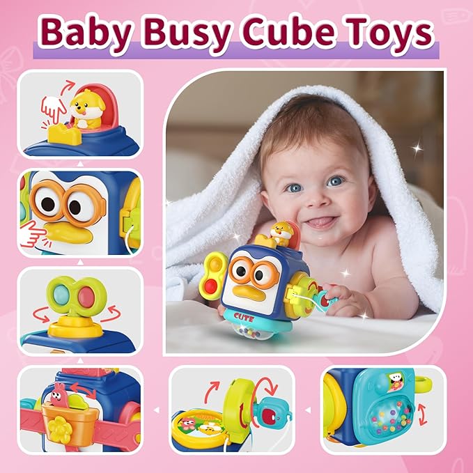 3 in1 Baby Toys 12 to 18 Months - Busy Board Sensory Toys, Tissue Box Toy, Pull String Teether, Learning Toy for Babies, Infant Gifts for 12 18 Months Old