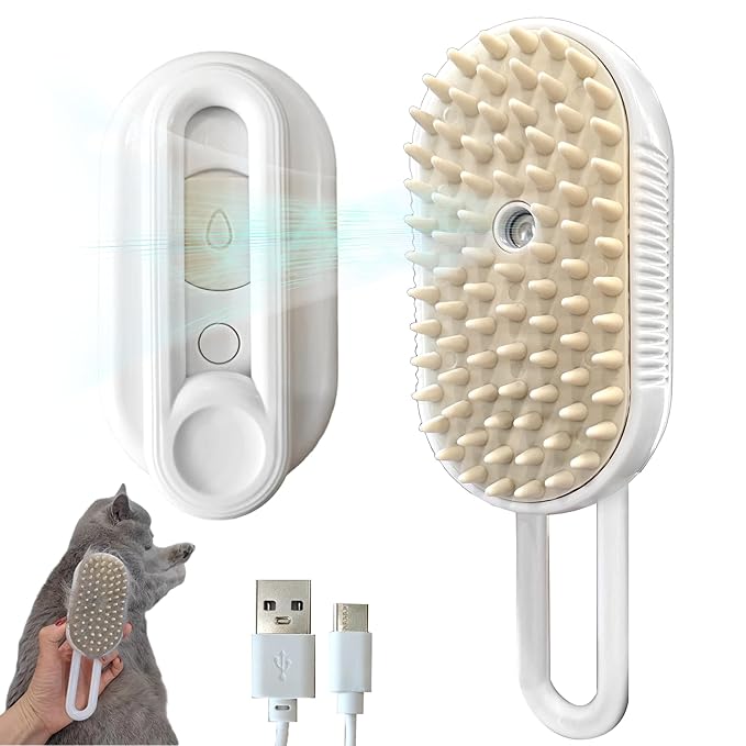 Cat Steam Brushes for Shedding, 4 in 1 Rechargeable Steam Cat Brush for Indoor Cats & Dogs, Grooming Comb with Spray