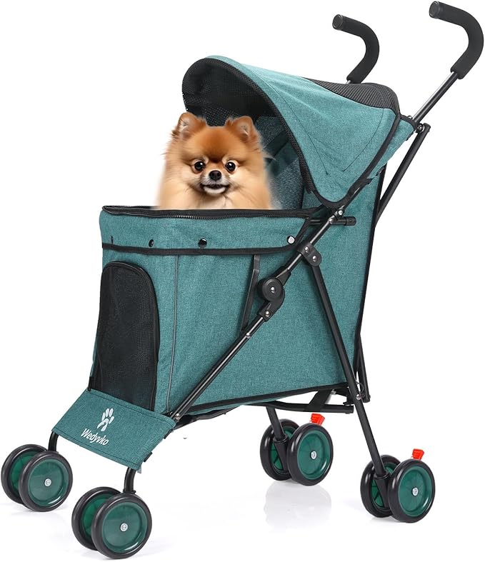 Umbrella Dog Stroller, 4 Wheels Pet Strolling, Foldable Carrier Pet Stroller for Small Dogs Cats, with Carrying Strap and Cup Holder, Dog Poop Bags & Dispenser, Up to 33 lbs, Dark Green