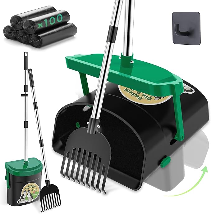UPSKY Dog Pooper Scooper Swivel Bin & Rake Kit with 100 Waste Bags,33.4" Stainless Steel Long Handle Heavy Duty Pet Poop Shovel for Large Medium Small Dogs, Odor-Proof Lid for Yard/Lawn/Outdoor Use