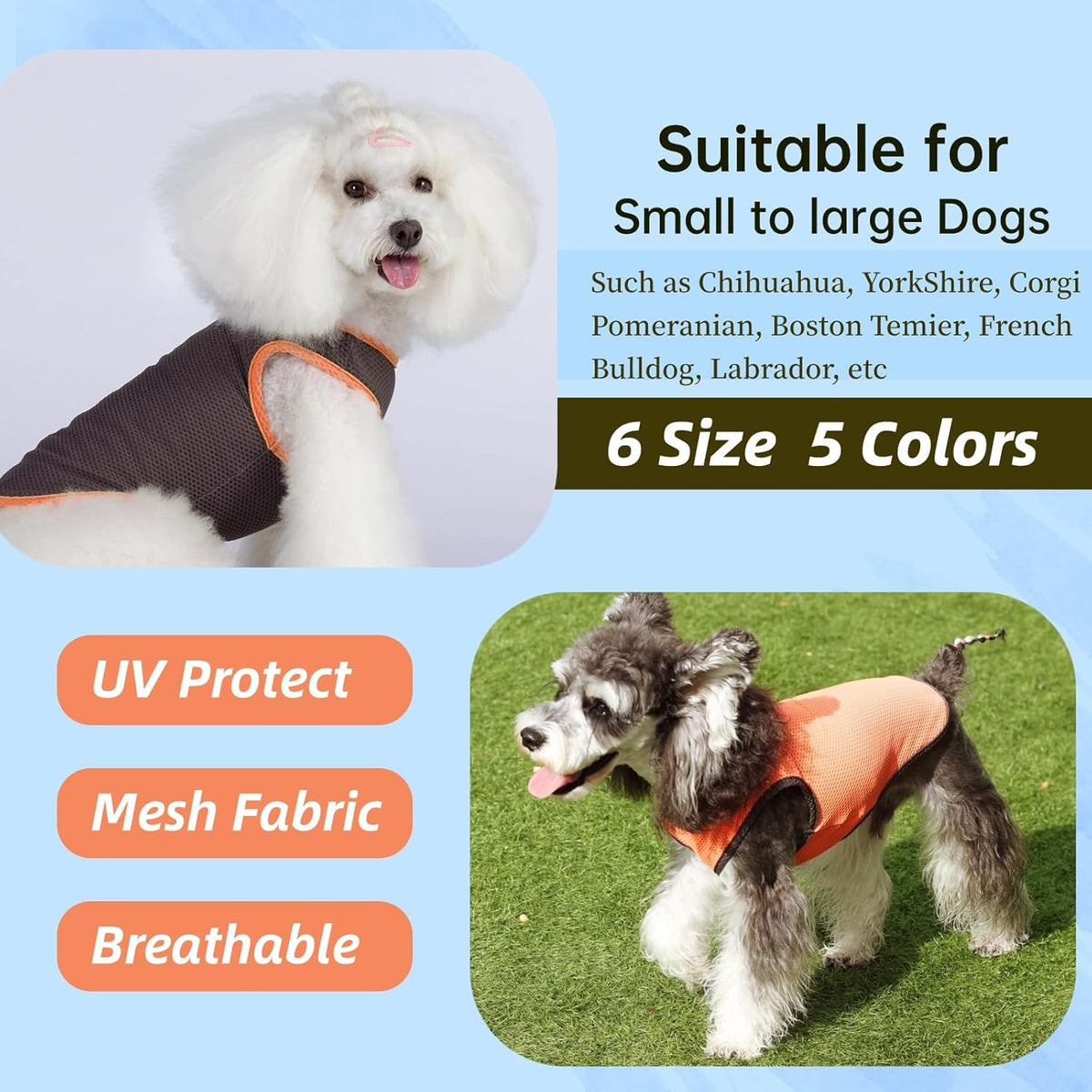 2 Pack Cooling Shirts for Dogs, Lightweight Mesh Breathable Dog Clothes for Small Dogs Boy Girl,Sun-Protection Sleeveless Shirts for Dog&Cat Puppy Vest Pet Apparel - M