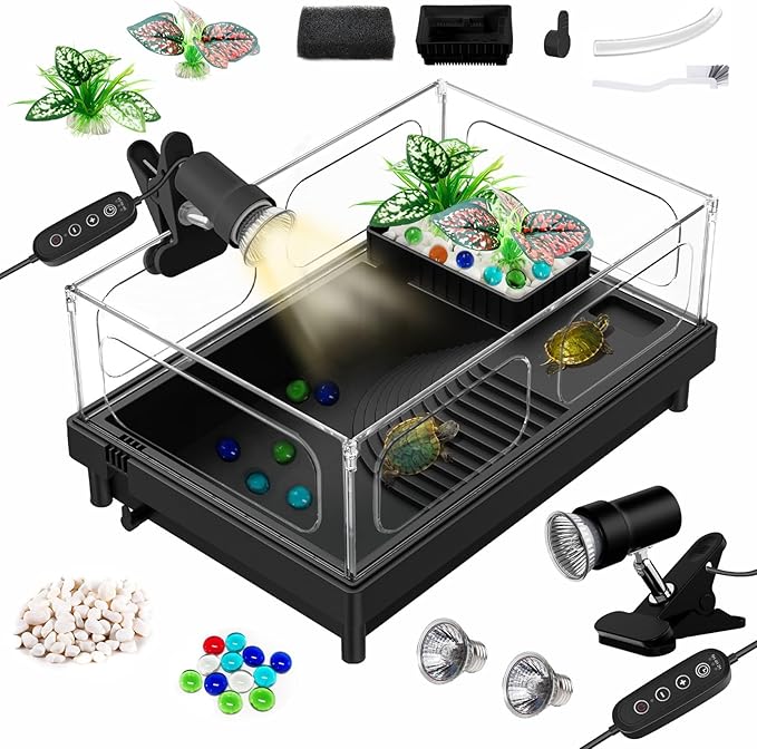 GOZILLA Small Turtle Tank with Adjustable Lamp, Acrylic Turtle Tank Starter Kit, Reptile Habitat and Terrarium with Multi-Functional Areas for Tortoise, Crab, Crayfish, Small Reptile.(Tank+Lamp)