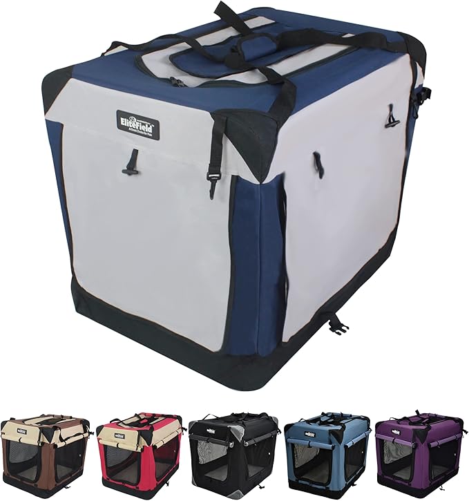 EliteField 4-Door Folding Soft Dog Crate with Curtains, Carrying Bag and Fleece Bed (2 Year Warranty), Indoor & Outdoor Pet Home (24" L x 18" W x 21" H, Navy Blue+Gray)