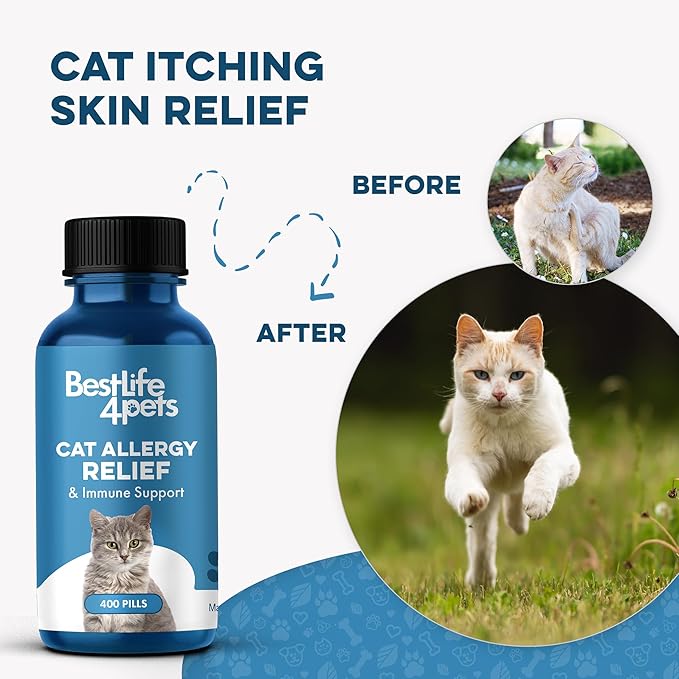 Cat Allergy Relief & Immune Support, Natural Relief for Seasonal Allergies, Itching, Sneezing, Congestion, Runny Nose, and Feline Respiratory Infections, 400 Small Odorless Tasteless Pills