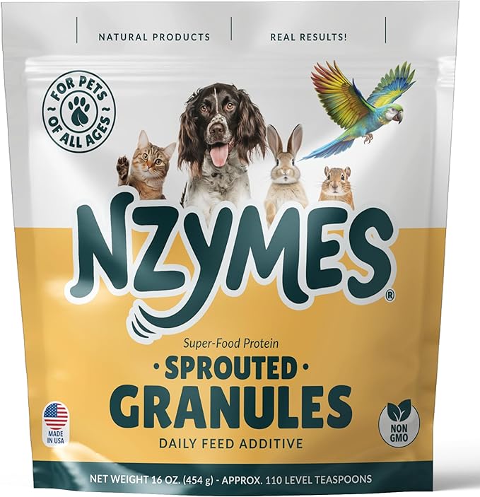 Nzymes® Sprouted Granules 1LBS for Dogs, Cats, and Companion Pets. Raw Super-Food Protein and Antioxidant Nutrition. Cost Effective Food Supplement Dog Health Supplies. 110 Servings USA