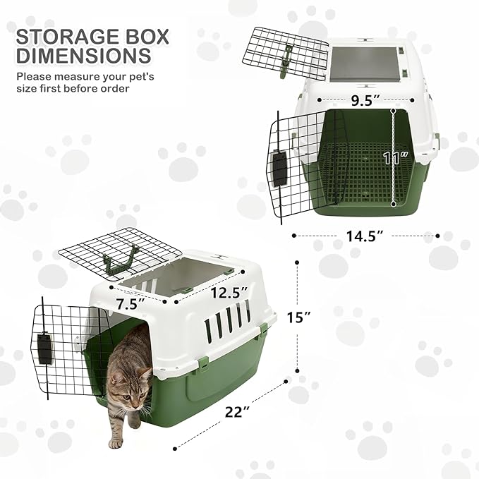 MoNiBloom 22-Inch Dog Crate Plastic 2-Door Top Loading Cat Carrier, Hard-Sided Dog Travel Carrier for Small Dogs and Cats, Ventilation and Security Lock Design for Pets up to 22 lbs (Green)