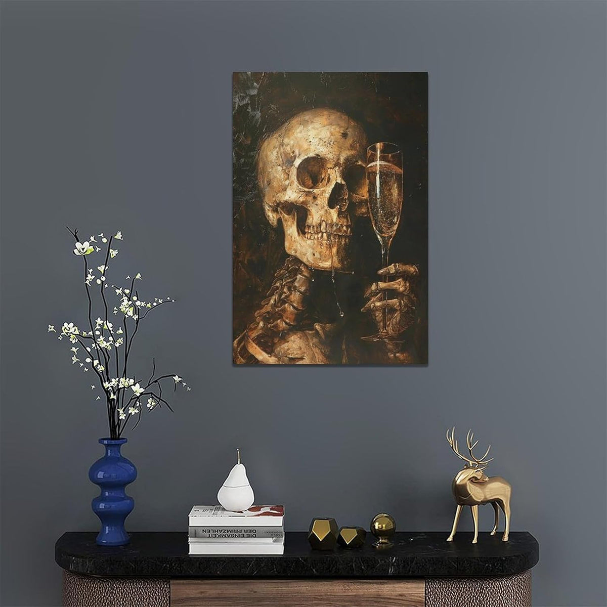 Quorin Gothic Skeleton Wall Art Goth Skull Champagne Wall Decor Dark Academia Pictures Horror Canvas Print Painting Artwork for Bathroom Living Room Bedroom 16"x24"