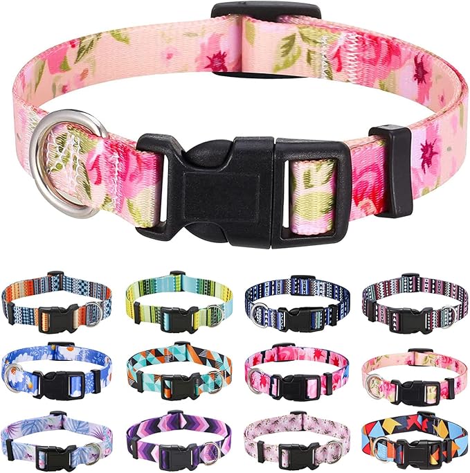 Dog Collar with Bohemia Floral Tribal Geometric Patterns - Soft Ethnic Style Collar Adjustable for Small Medium Large Dogs（ Pink Rose, M ）