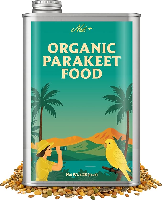 100% Organic Parakeet Food – Premium Bird Seed Mix with Oat Groats, Buckwheat, Amaranth, Super Veggies & Seeds – Reusable Tin + Stainless-Steel Scooper – Made in USA, Human Grade Ingredients (2lb)