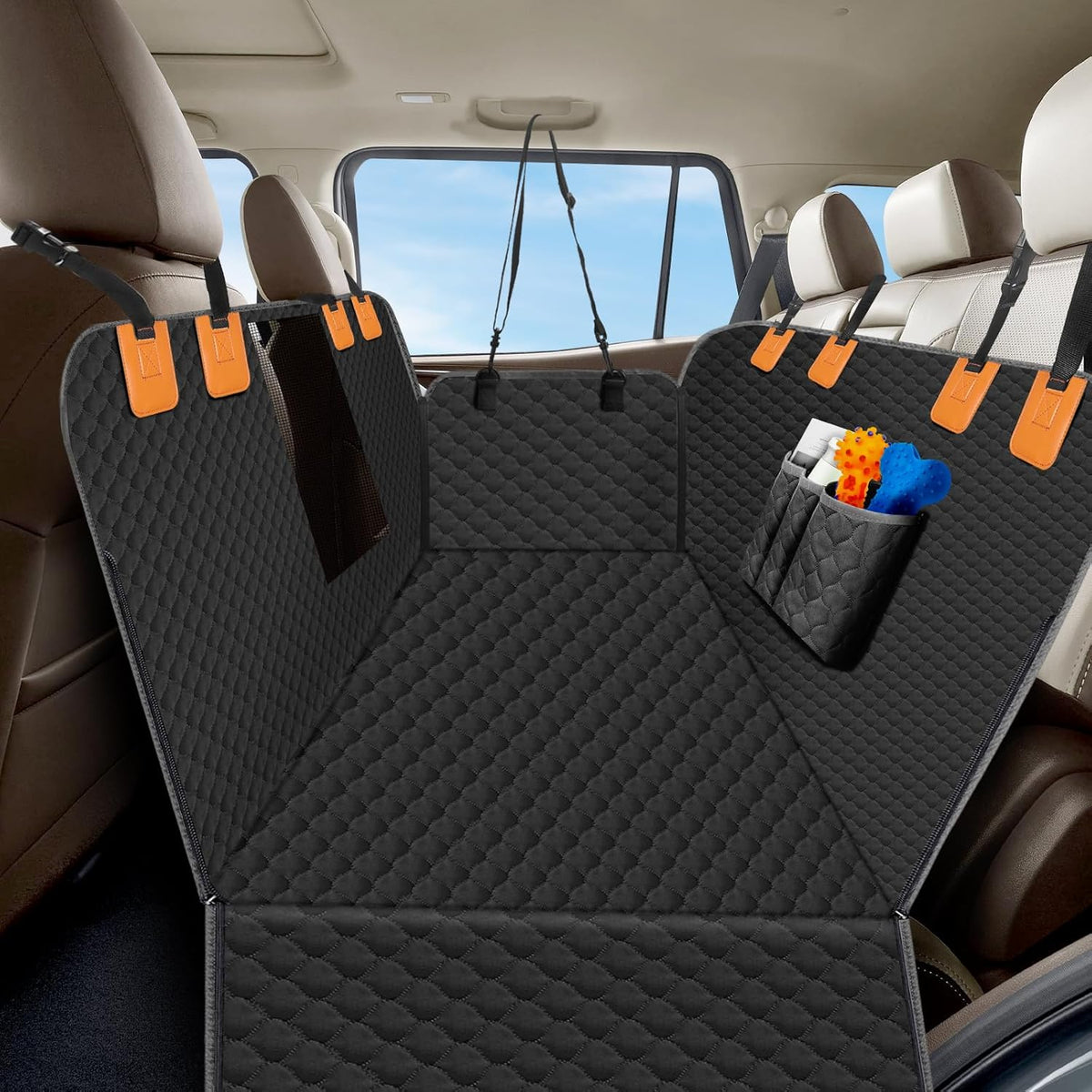 Dog Car Seat Cover for Back Seat, Waterproof Protector with Side Flaps, Scratchproof Hammock, Non-Slip Bottom for Cars/Trucks/SUVs (Black+Grey)