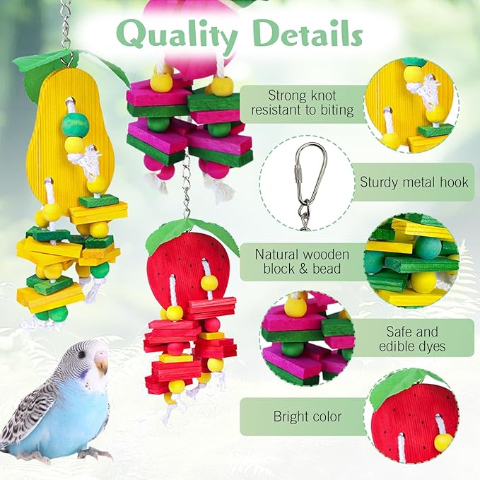 Hamiledyi Natural Wood Block Bird Cage Toys Parrot Chewing Toy Tomato&Peach&Pear&Strawberry Shaped Hanging Foraging Toy for Small&Medium Birds Parakeets Cockatiels,4pcs
