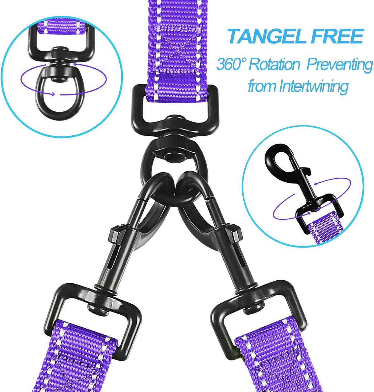 PetBonus Double Dog Leash, No Tangle Dual Leash, Reflective Walking Training Lead, 4 Comfortable Padded Handles for 2 Dogs with Collapsible Bowl and Waste Bags (Purple, Large)
