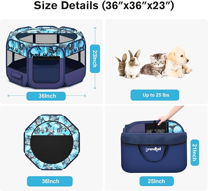 Dog Playpen, Pet Playpen, Portable Cat Playpen, Foldable Puppy Playpen Exercise Kennel Tent with Carry Case Collapsible Bowl,Water-Resistant Shade Cover for Indoor Outdoor Travel （Bule,Medium）