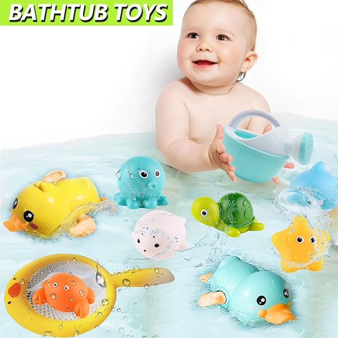 Bath Toys for Babies 6-12+ Months, Wind-up Ducks Bath Toys for Kids Ages 1-3, No Hole Baby Bath Toy Ocean Animal Floating Pool Toys for Toddlers, Water Toys Fishing Net Watering Can