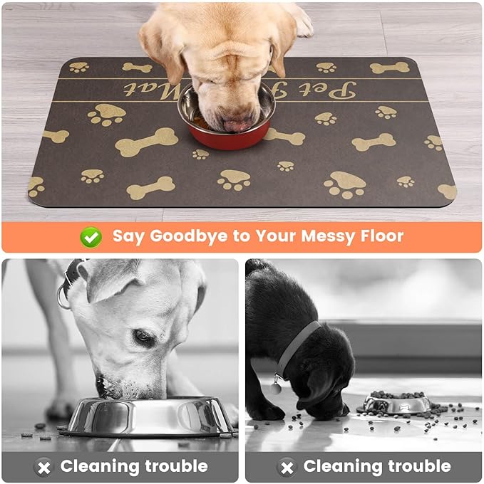 Pet Feeding Mat-Absorbent Pet Placemat for Food and Water Bowl, with Waterproof Rubber Backing, Quick Dry Water Dispenser Mat for Dog and Cat (24"x16", Brown)