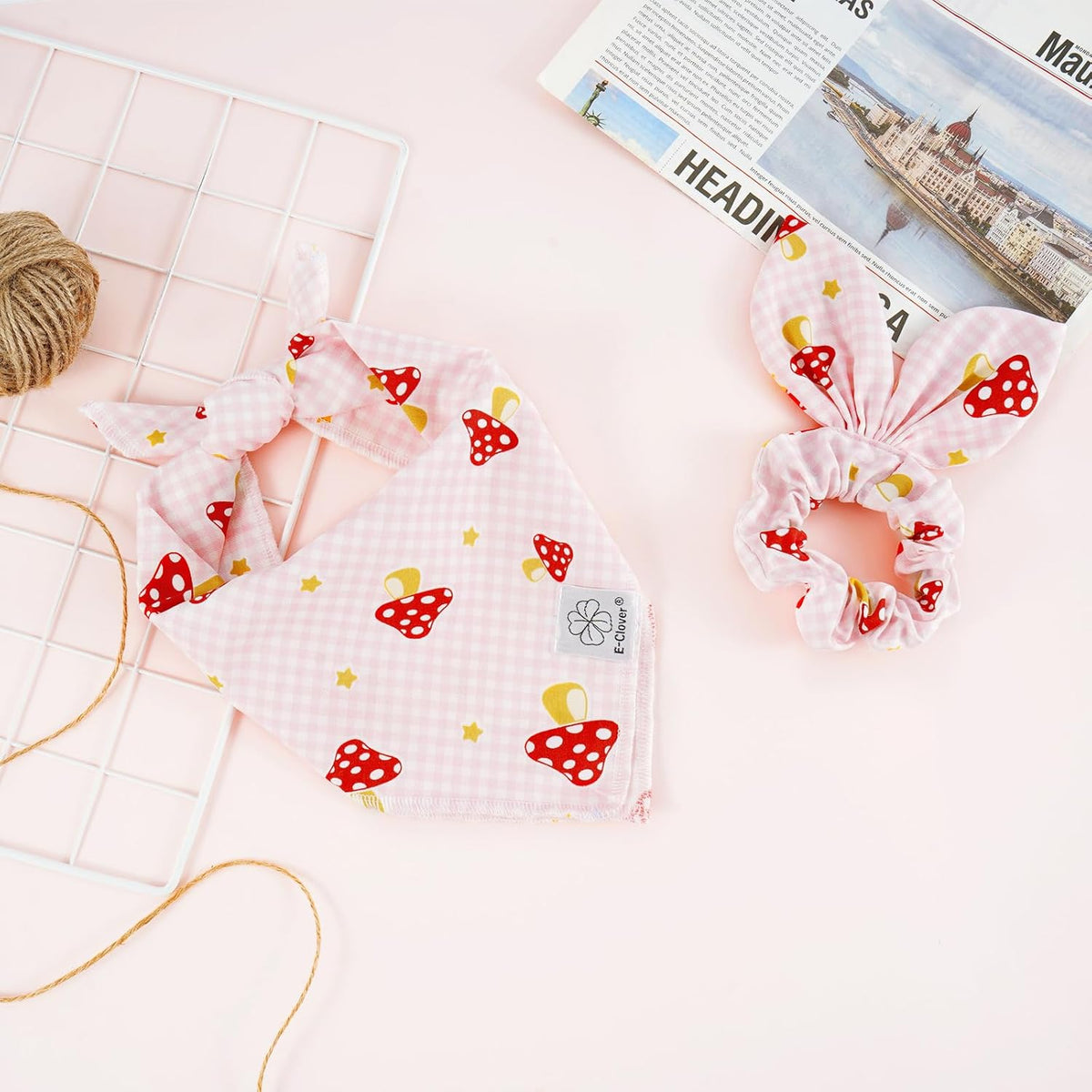 E-Clover Pink Buffalo Plaid Dog Bandanas & Matching Scrunchie Set Girl Cute Dog Scarf Bibs Pet Bandana with Bow Tie for Small Dogs Puppy Owner Mom