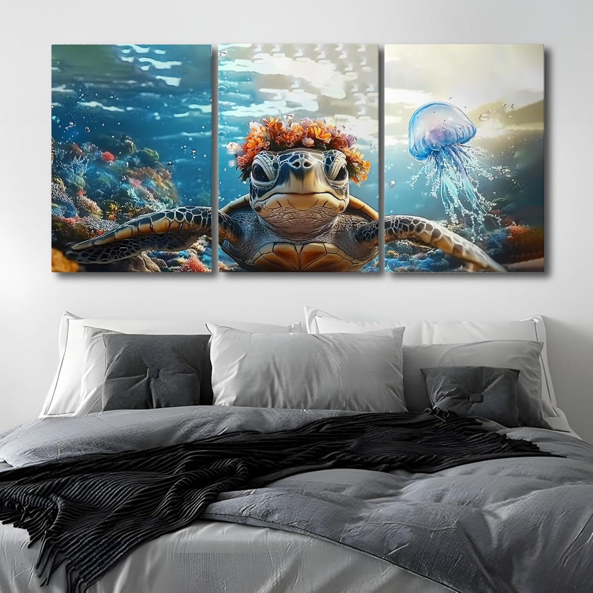 Wivsev Sea Turtle Canvas Wall Art,Under Sea Wall Art,Sea Life Pictures Wall Decor,Ocean Animal Painting for Bathroom,Living Room,Bedroom (24" x 36" x 3 pcs)