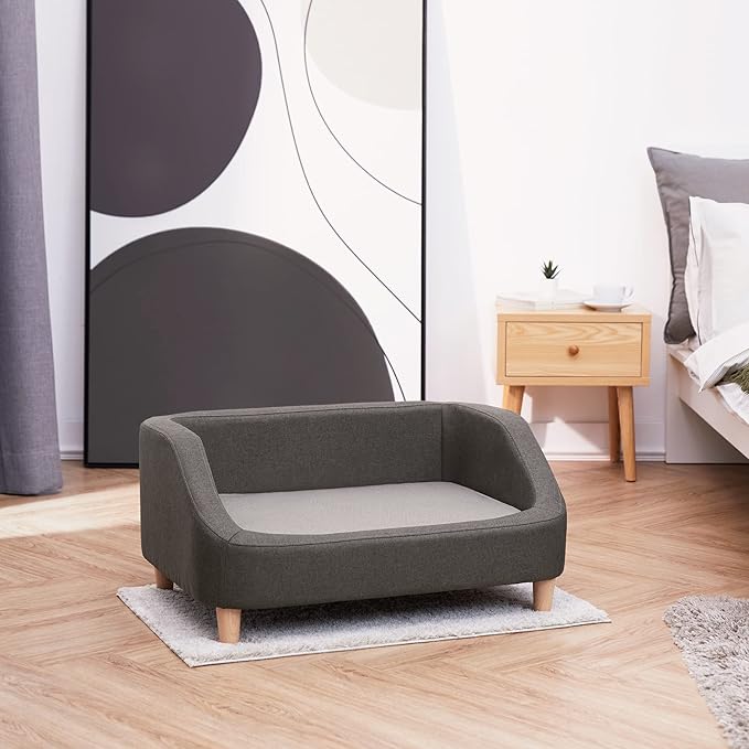 Teamson Pets Bennett 32 Inch Raised Heathered Linen Sofa Dog Daybed with Removable Cushion and Washable Cover for Cats & Small or Medium Dogs, Gray