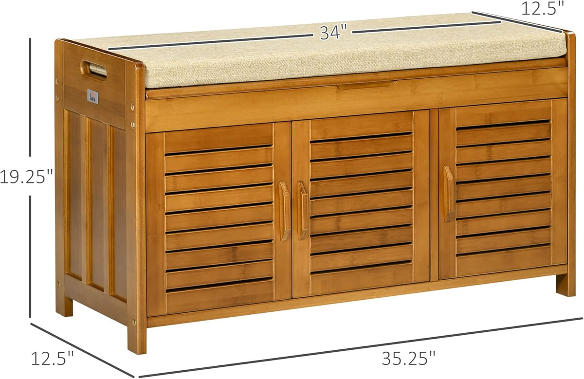 Shoe Bench with Storage Cabinets, Bamboo Entryway Bench with Seating Cushion, 3 Doors and Hidden Compartment for Hallway, Brown