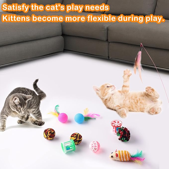 Wettarn 22 Pieces Cat Toys Set, with 2 Collapsible Tunnels for Indoor Cats and 20 Kitten Toys Tubes and Tunnels Interactive Feather Mouse Crinkle Balls for Pets Puppies(Colorful)