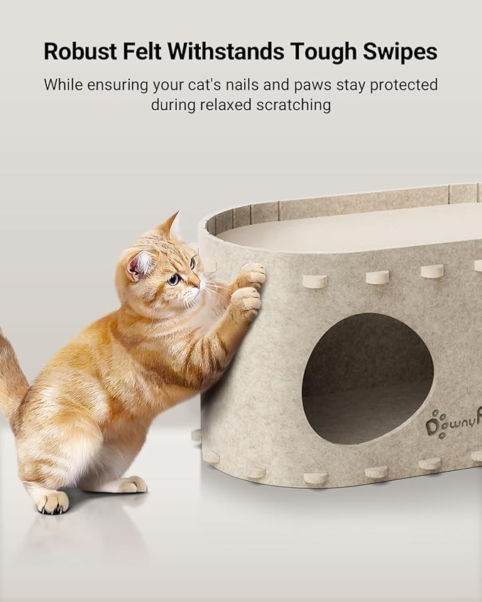 DownyPaws Cat House for Indoor Cats, Cat Bed Cave for Multiple & Large Cats Up to 22 Lbs, Scratch Resistant, Foldable Peekaboo Kitten Caves Tunnel Enclosed Bed, PeekaPurr, Cream