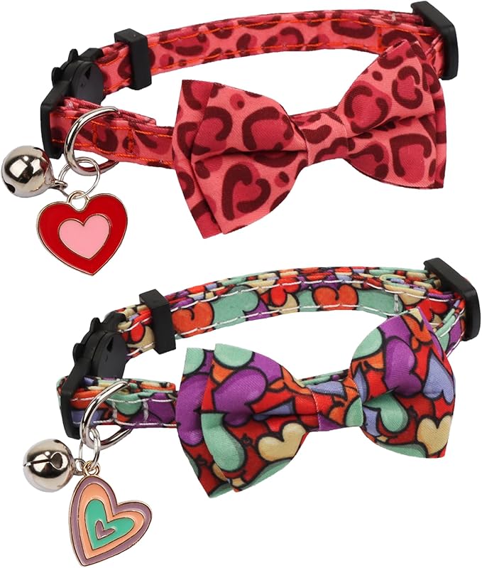 ADOGGYGO Valentine Cat Collar with Removable Bow Tie Bell - 2 Pack Holiday Valentine Heart Collar for Cat Kitten