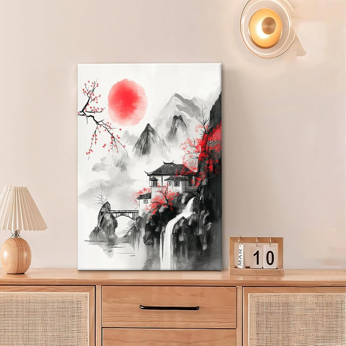 Japanese Wall Art Canvas Asian Nature Wall Decor Prints Framed Painting Mountain Landscape Pictures Gifts Artwork for Bathroom 16"x24"