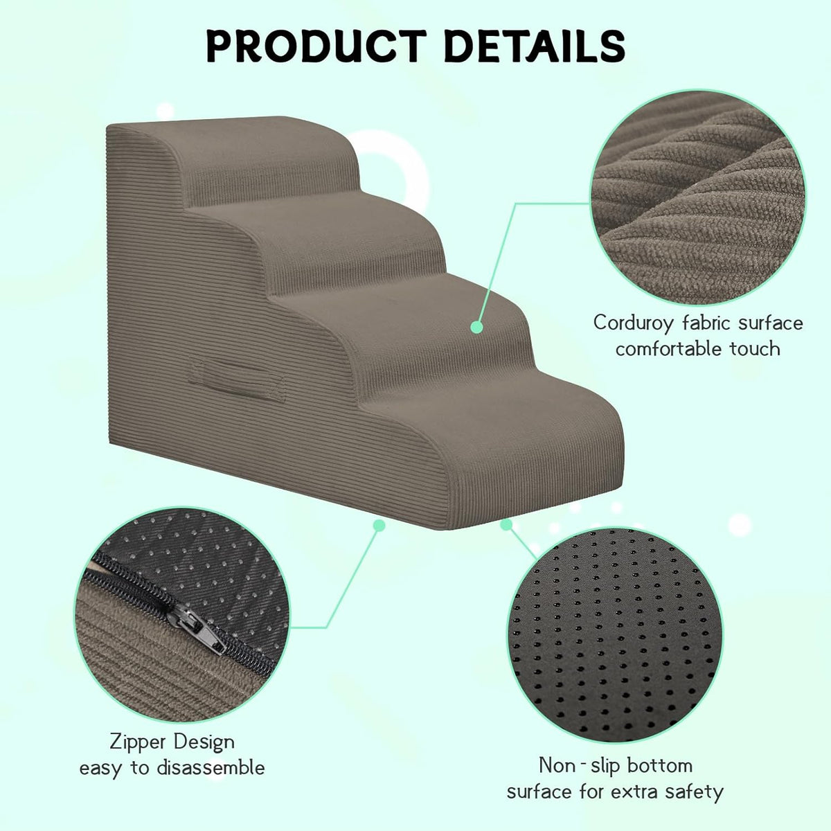 Dog Steps for Small Dogs, 3-Step Pet Ramp Stairs for High Beds and Sofa, Non-Slip Pet Stairs for Small Dogs and Cats, Removable and Easy to Clean Cover, Light Brown