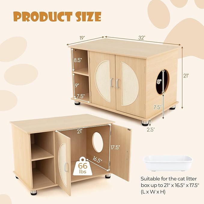 Tangkula Litter Box Enclosure, Hidden Cat Washroom with Storage Shelf, Sisal Scratching Doors, Adjustable Metal Feet, Modern Cat Litter Cabinet Storage Bench, Enclosed Litter Box Furniture (Natural)