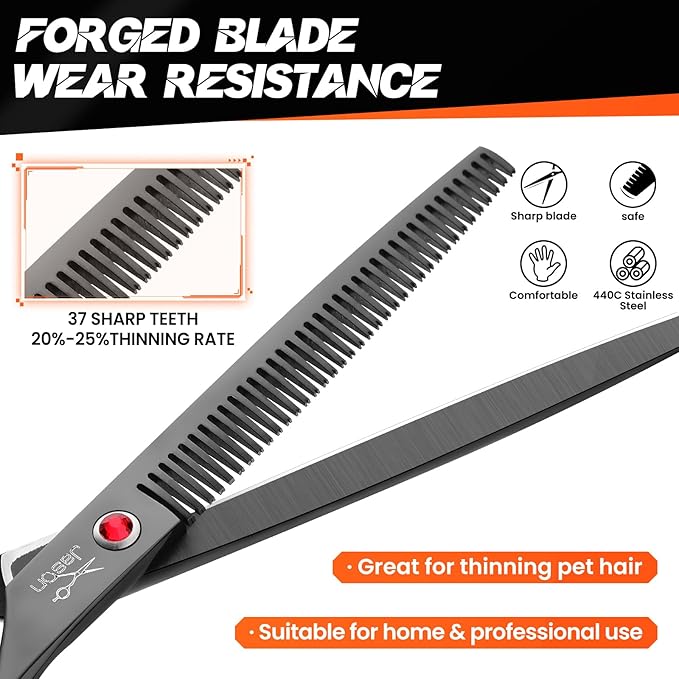 JASON 7.5" Dog Grooming Scissor - Professional Thinning Shear with 37 Teeth Japanese Stainless Steel Blender Scissors for Dogs, Cats and Other Pets (Thinning, Black)