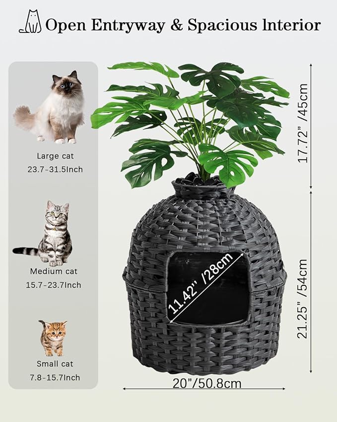 Cat Litter Box Plant Furniture Enclosure, Hidden Handwoven Rattan with Cat Litter Box and Artificial Plants, Odor Control Filter, Real Stones in Living Room, Bedroom, Corner (Black)