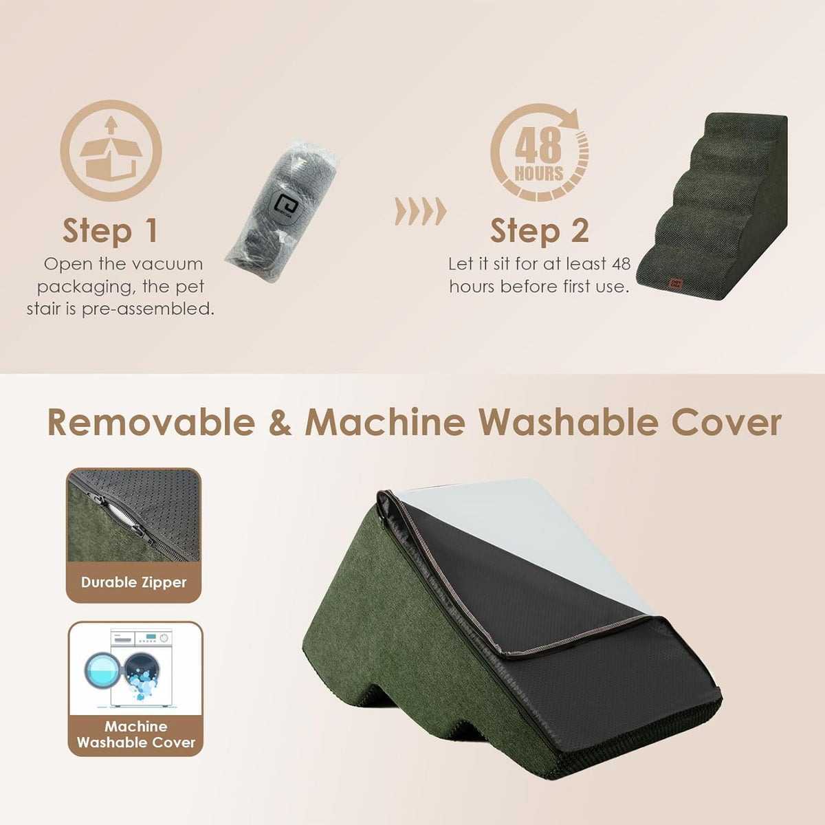 EHEYCIGA Curved Dog Stairs Ramp for High Beds 22.6" H, 5-Step Dog Steps for Small Dogs and Cats, Pet Stairs for High Bed Climbing, Non-Slip Balanced Pet Step Indoor, Olive Green