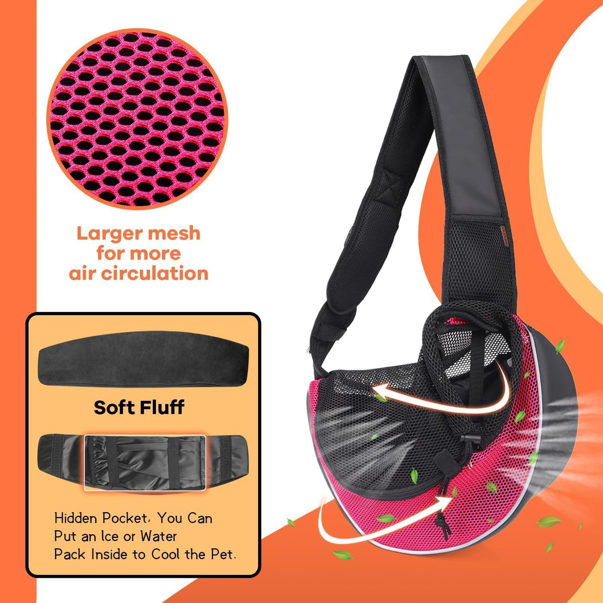 YUDODO Pet Sling Carrier for Small Dogs & Cats – Hands-Free Puppy Carrier with Safety Hook, Large Zipper Pocket, Soft Breathable Mesh, Adjustable Strap & Reflective Strip (Pink 3.0 M)