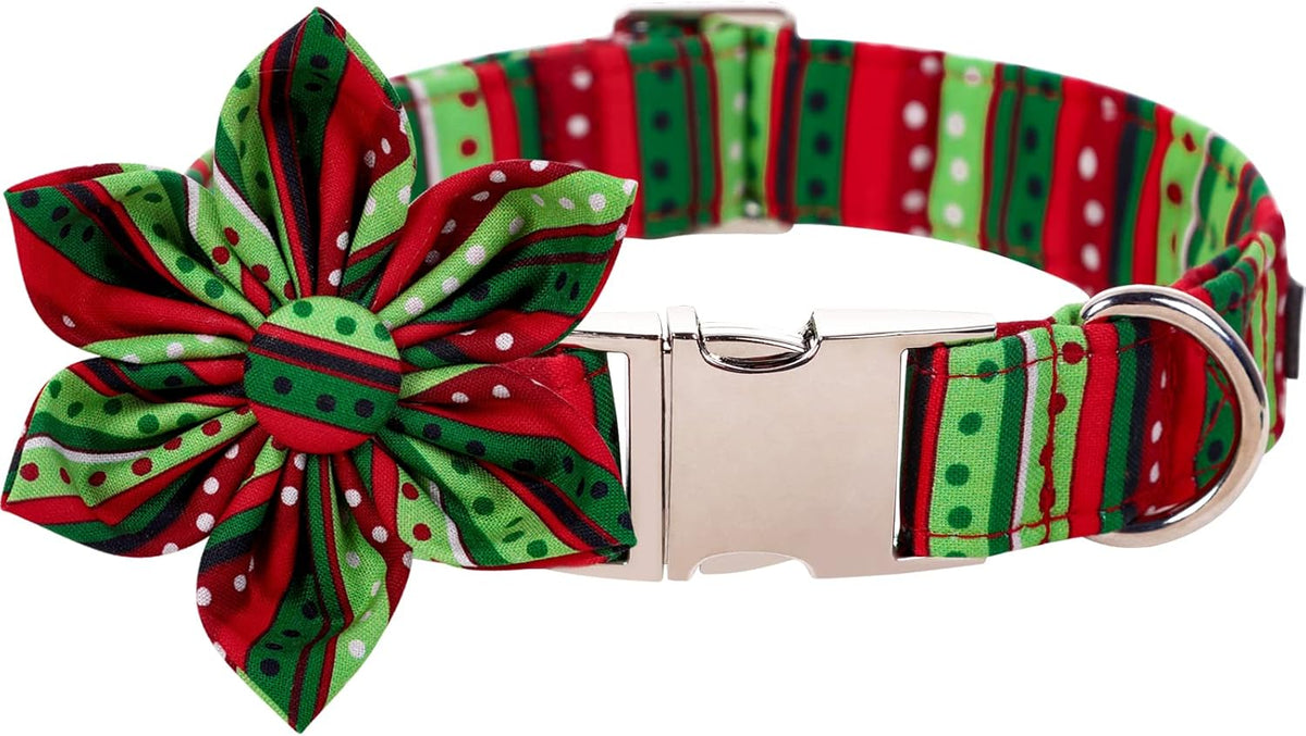 Lionet Paws Christmas Dog Collar with Flower, Dog Flower Collar with Metal Buckle for Dogs and Cats, Adjustable Comfortable Dog Collar Girl Gift, S, Neck 10-16 in