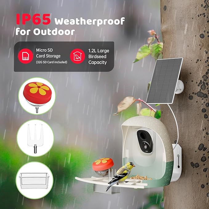 Bird Feeder with Camera Solar Powered, Smart Bird Feeder with AI Identify, 2K HD Live View and Instant Notification, Ideal Gift for Bird Lover(with 32G Card)