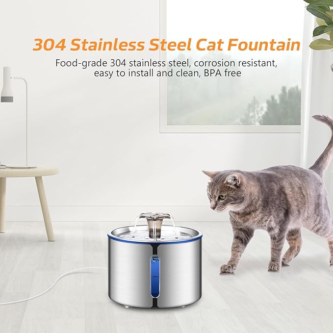 Cat Water Fountain, 84oz/2.5L Stainless Steel Pet Water Fountain, Automatic Dog Water Dispenser with Water Level Window, Ultra-Quiet Pump, Perfect for Cats, Dogs and Multiple Pets