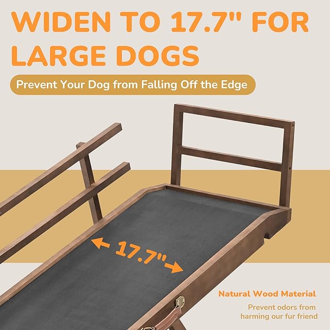 Dog Ramp for Bed, 5 Level Adjustable Dog Ramp for High Beds, Upgrade Rubber Mat High Traction Ramp with Safety Rails, Folding Pet Ramp for Bed, Couch,SUV, Natural Wood Pet Ramp for Small & Old Dogs