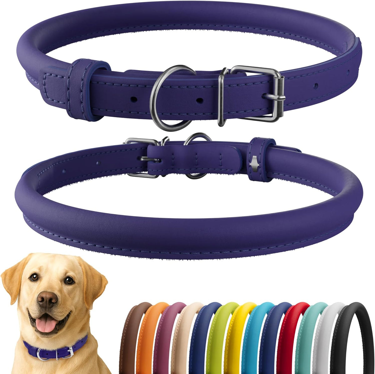 CollarDirect Rolled Leather Dog Collar, Soft Padded Round Puppy Collar, Handmade Genuine Leather Collar Dog Small Large Cat Collars 13 Colors (15-19 Inch, Purple Smooth)