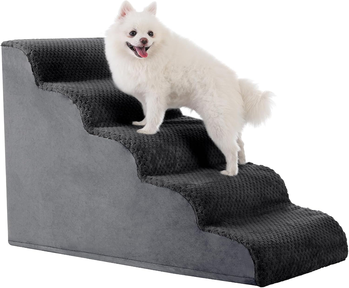 MIHIKK Dog Stairs Ramp, Curved 5-Step Dog Steps for Small Dogs and Cats, Pet Stairs for High Beds and Couch with Anti-Slip Washable Cover and Durable High Density Foam, Dark Grey