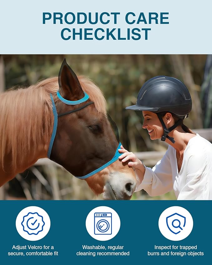 Hilltown Adjustable Fly Mask for Horse with Ears - UV-Block, Large Eye Space, Breathable, Built to Last, Comfort Fit - Horse Fly Mask for Daily Stable, Hot Weather Riding & Competition - Full, Blue