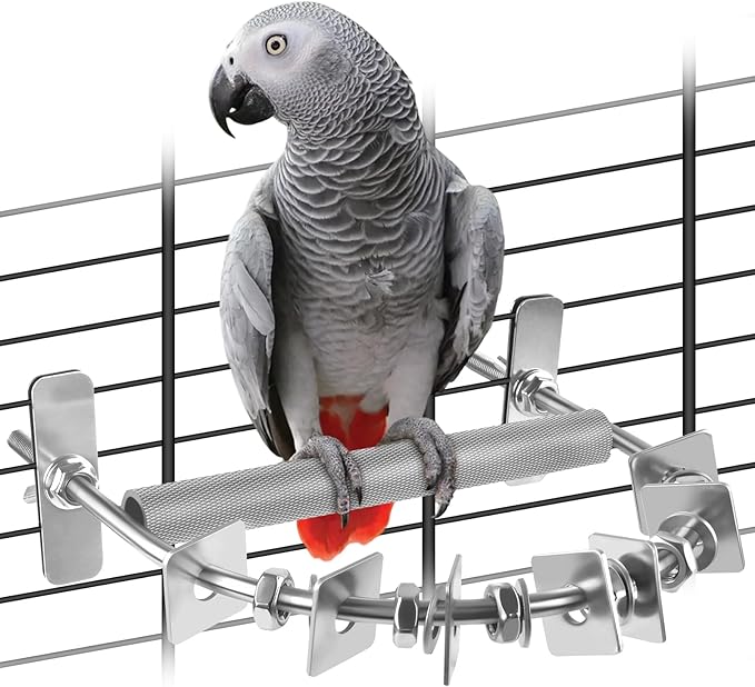 Bird Perch for Cage, Stainless Steel Parrot Perches with Metal Chew Toys, Bird Nail Trimming Cage Accessories for Cockatiels, Macaws, African Grey, Amazon Parrots