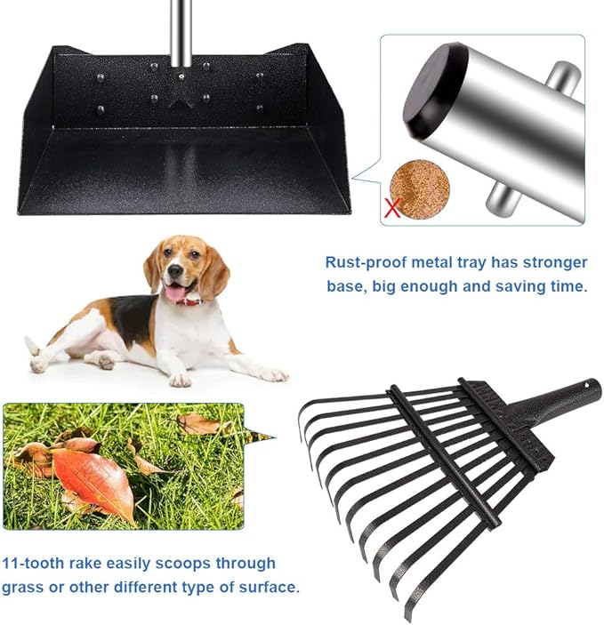 QiMH Upgraded Dog Pooper Scooper Extra Large, Adjustable Long Handle Stainless Metal Pet Poop Tray and Rake Set for Large Medium Small Dogs, Dog Waste Removal Bin Rake, Great for Grass, Street, Gravel