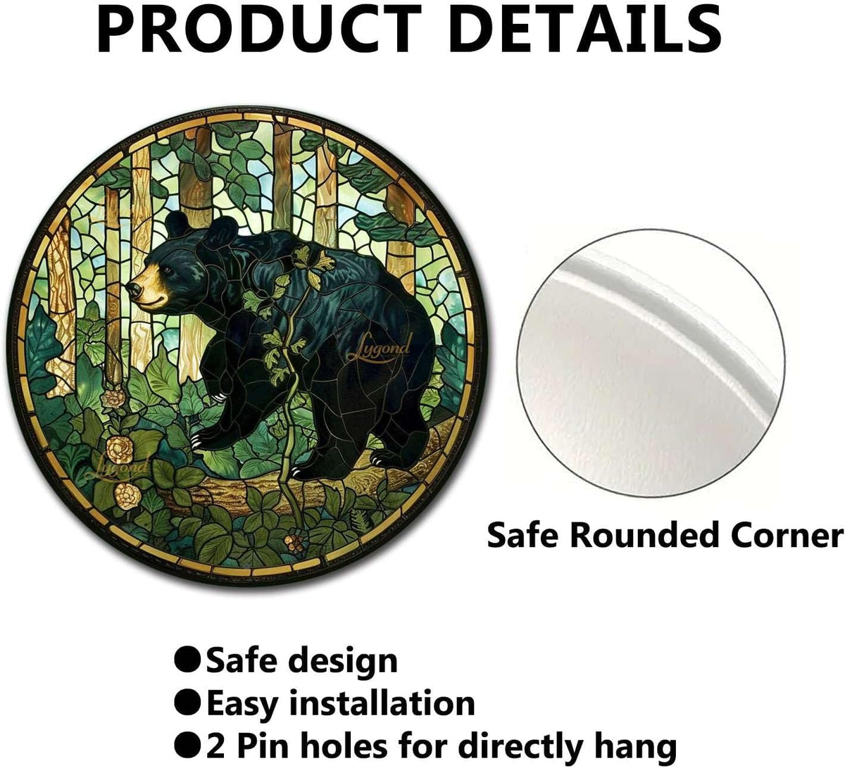 Lygond Metal Sign Tin Sign Circular Stained Glass American Black Bear Minimalist Wall Art for Garage 8×8 Inches