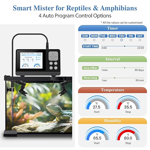 J&A Smart Reptile Mister, Automatic Misting System for Tanks - Programable Timer with Temperature/Humidity Probe, Ideal for Reptile Habitat (Black)