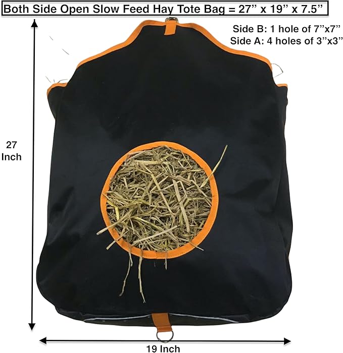 Majestic Ally Nylon Hay Feeder Tote Bag for Horse, Goat, Sheep - Double Sides Open Feed Hole with Faux Leather Ventilated Bottom- Premium Quality -Simulates Grazing - Reduces Waste (Black)